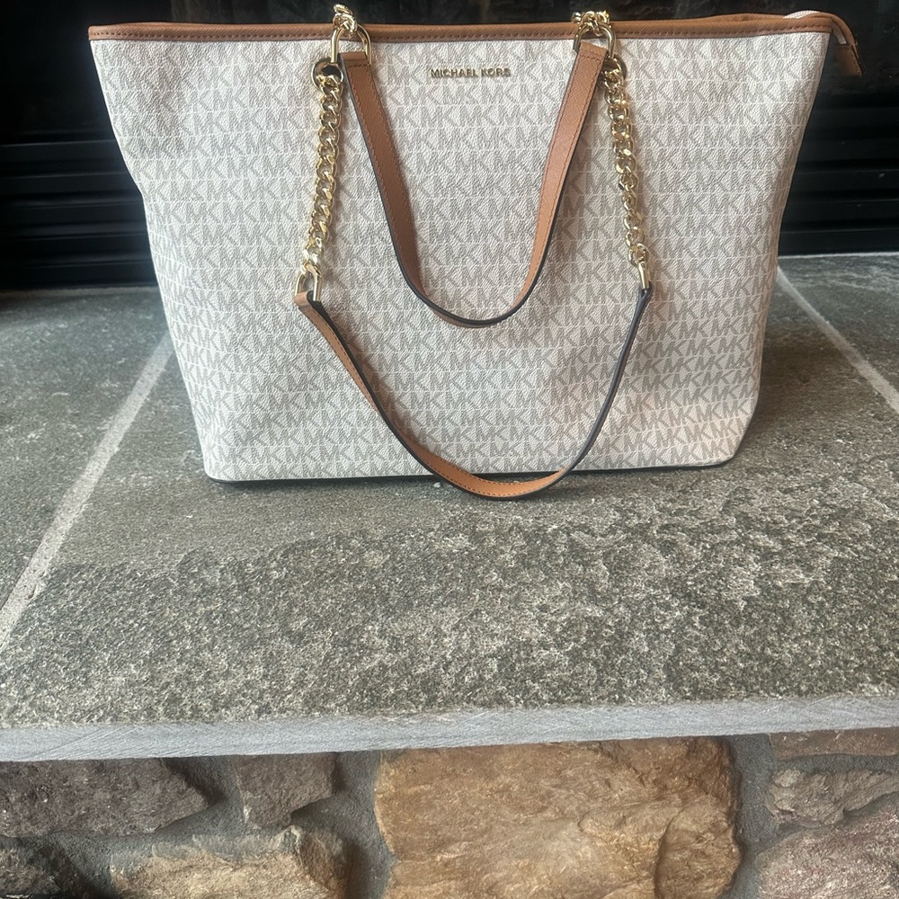 Michael Kors White and Tan Tote Bag